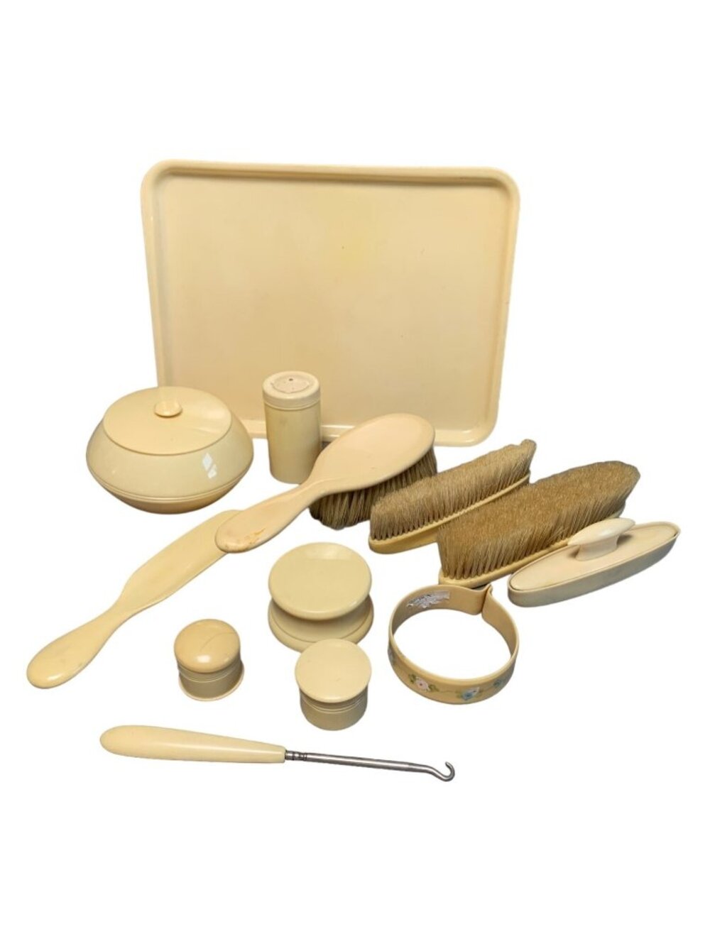 13-Piece Ivory Celluloid Vanity Set with Brushes Jars & Tray Vintage